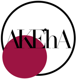 AKE'ha est écrit en noir dans un cercle blanc aux contours noirs. En bas à gauche, un plus petit cercle, plein et couleur bordeaux