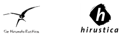A gauche le logo de la Cie Hirundo Rustica avec une hirondelle et en dessous le nom de la compagnie. A droite le logo du label Hirustica un H blanc dans une tache noire avec en dessous 