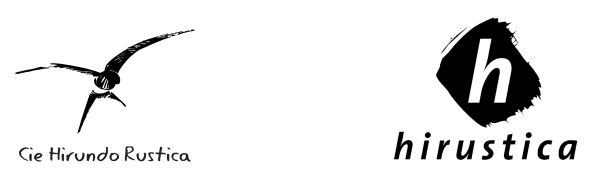 A gauche le logo de la Cie Hirundo Rustica avec une hirondelle et en dessous le nom de la compagnie. A droite le logo du label Hirustica un H blanc dans une tache noire avec en dessous 