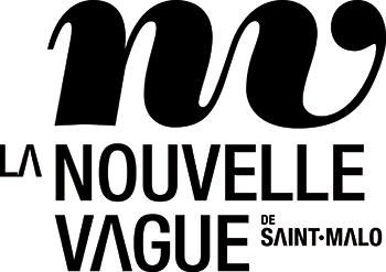 Logo représentant un n et un v entrelacés qui représentent une vague, en noir sur fond blanc. En-dessous, le nom La Nouvelle Vague de Saint-Malo
