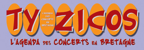 Ty Zicos est écrit en majuscule en rouge avec derrière chaque lettres des formes ovales orange. En dessous est écrit en plus petit en rouge l'agenda des concerts en Bretagne, le fond est bleu.